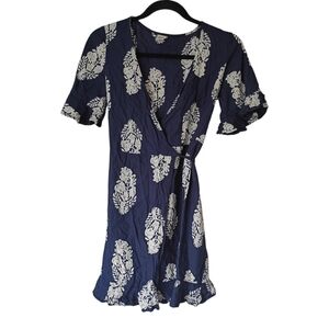 Navy Blue Floral Wrap Dress Size S Devi
